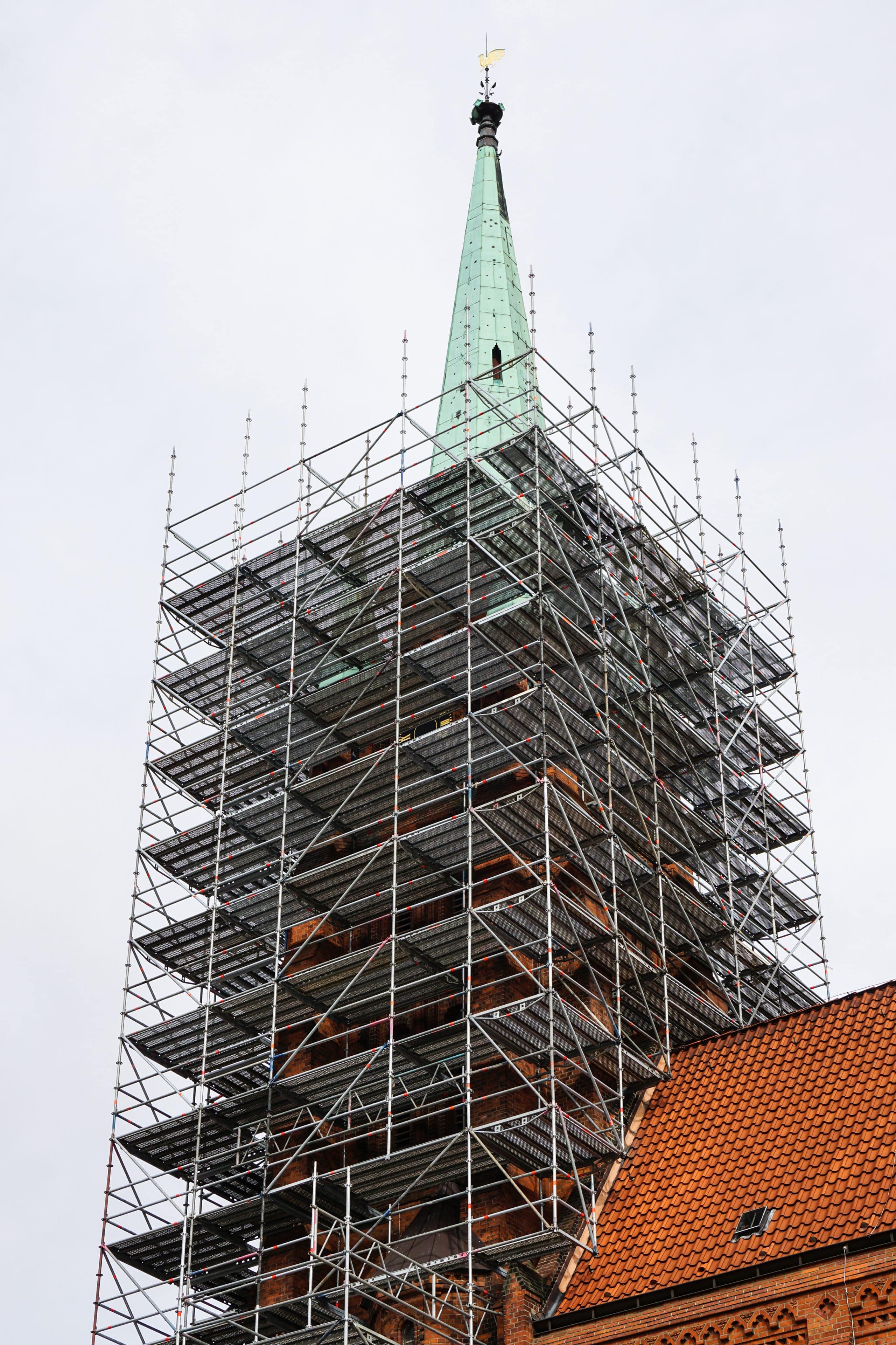 church tower with scaffolding